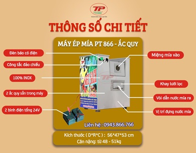 MÁY ÉP MÍA PT866 CHẠY BÌNH ẮC QUY