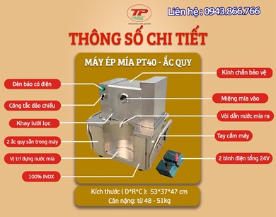 MÁY ÉP MÍA PT40 - CHẠY BÌNH ẮC QUY